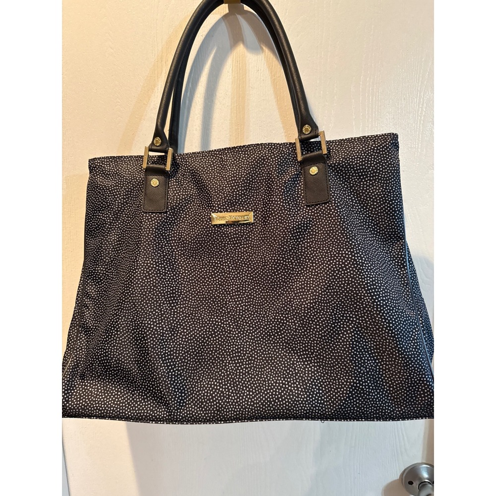 Isaac Mizrahi Live Polka Dot Triple Zip Tote Bag Black White Nylon Travel Work